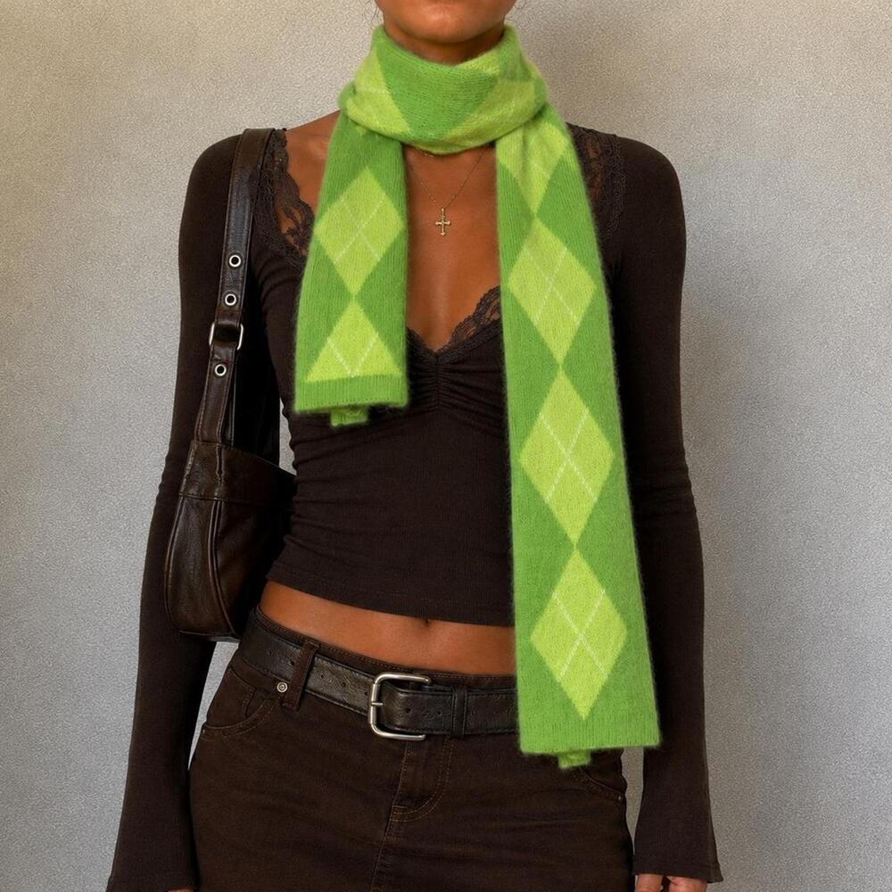 Vintage 2000s Express 100% Cashmere Y2K Mcbling Lime Green Argyle Fall Scarf